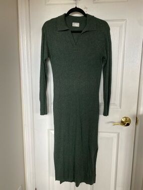 Frank & Oak Dark Green Ribbed Polo Knit Midi Dress
